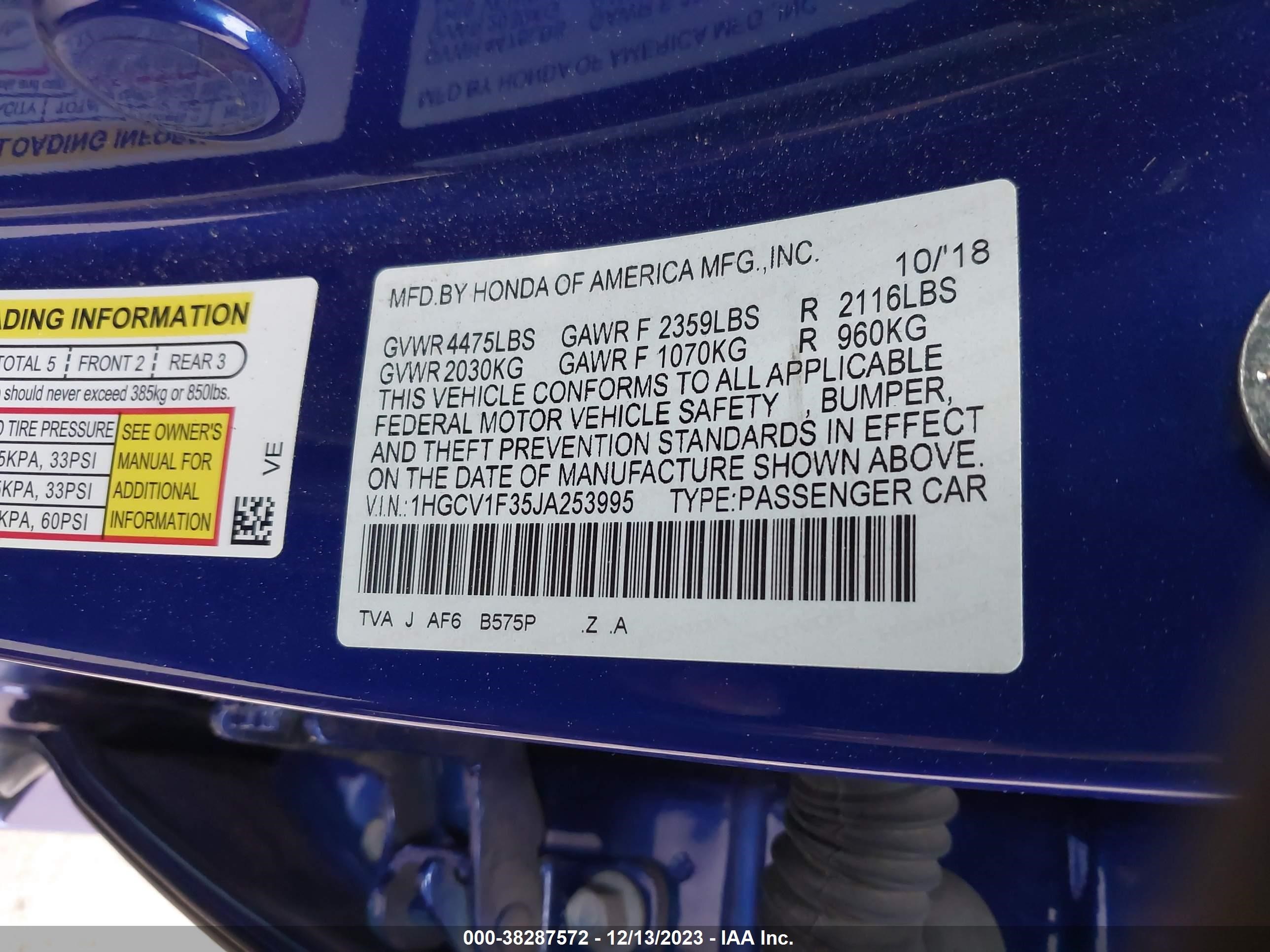 Photo 8 VIN: 1HGCV1F35JA253995 - HONDA ACCORD 