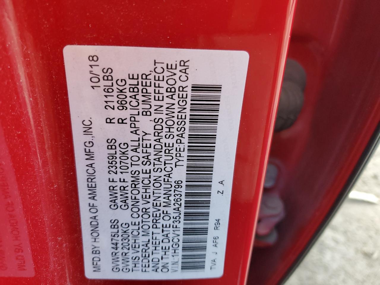 Photo 11 VIN: 1HGCV1F35JA263796 - HONDA ACCORD 