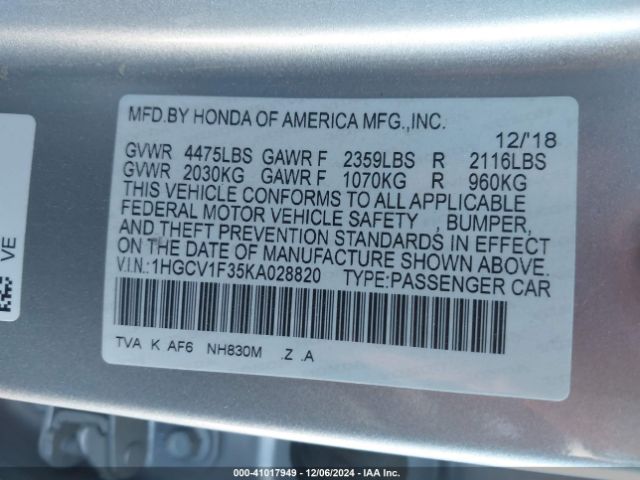 Photo 8 VIN: 1HGCV1F35KA028820 - HONDA ACCORD 