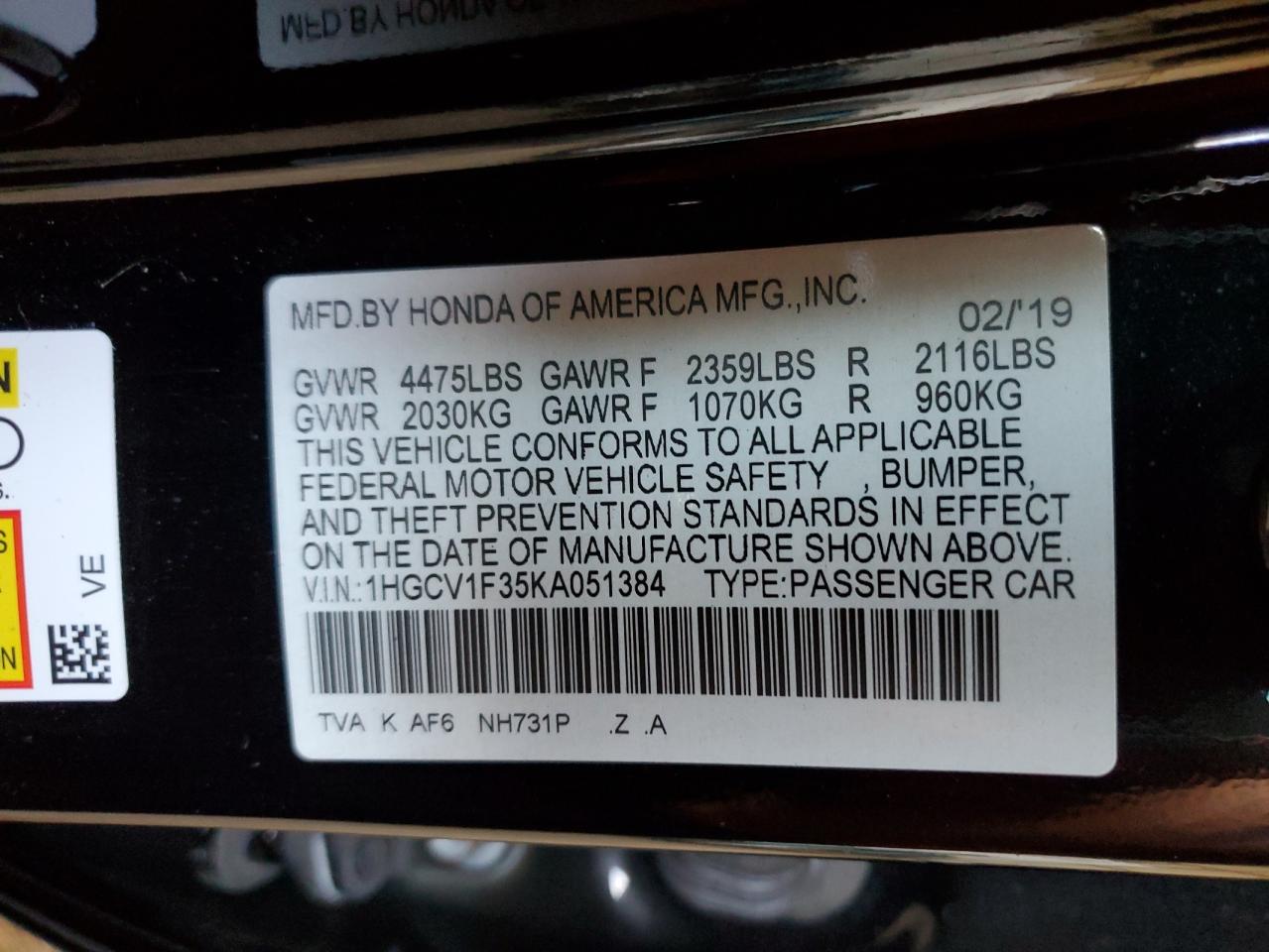 Photo 11 VIN: 1HGCV1F35KA051384 - HONDA ACCORD 