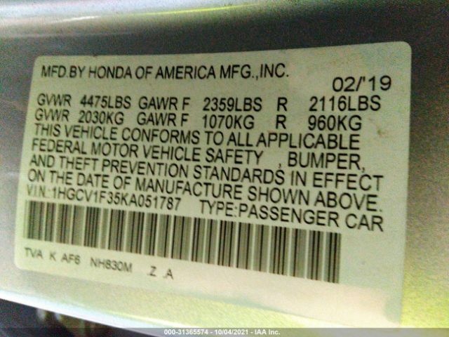 Photo 8 VIN: 1HGCV1F35KA051787 - HONDA ACCORD SEDAN 