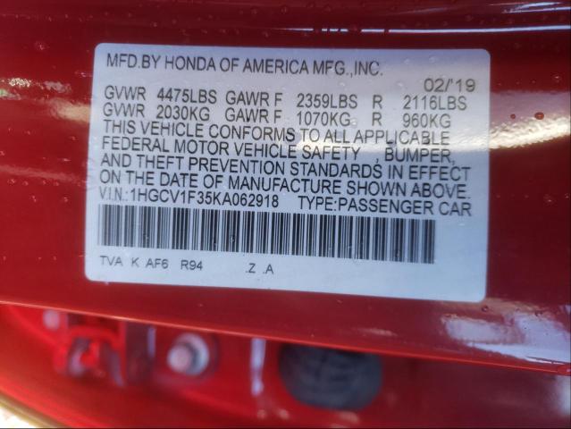 Photo 9 VIN: 1HGCV1F35KA062918 - HONDA ACCORD SPO 