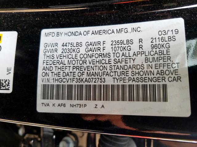 Photo 9 VIN: 1HGCV1F35KA072753 - HONDA ACCORD SPO 