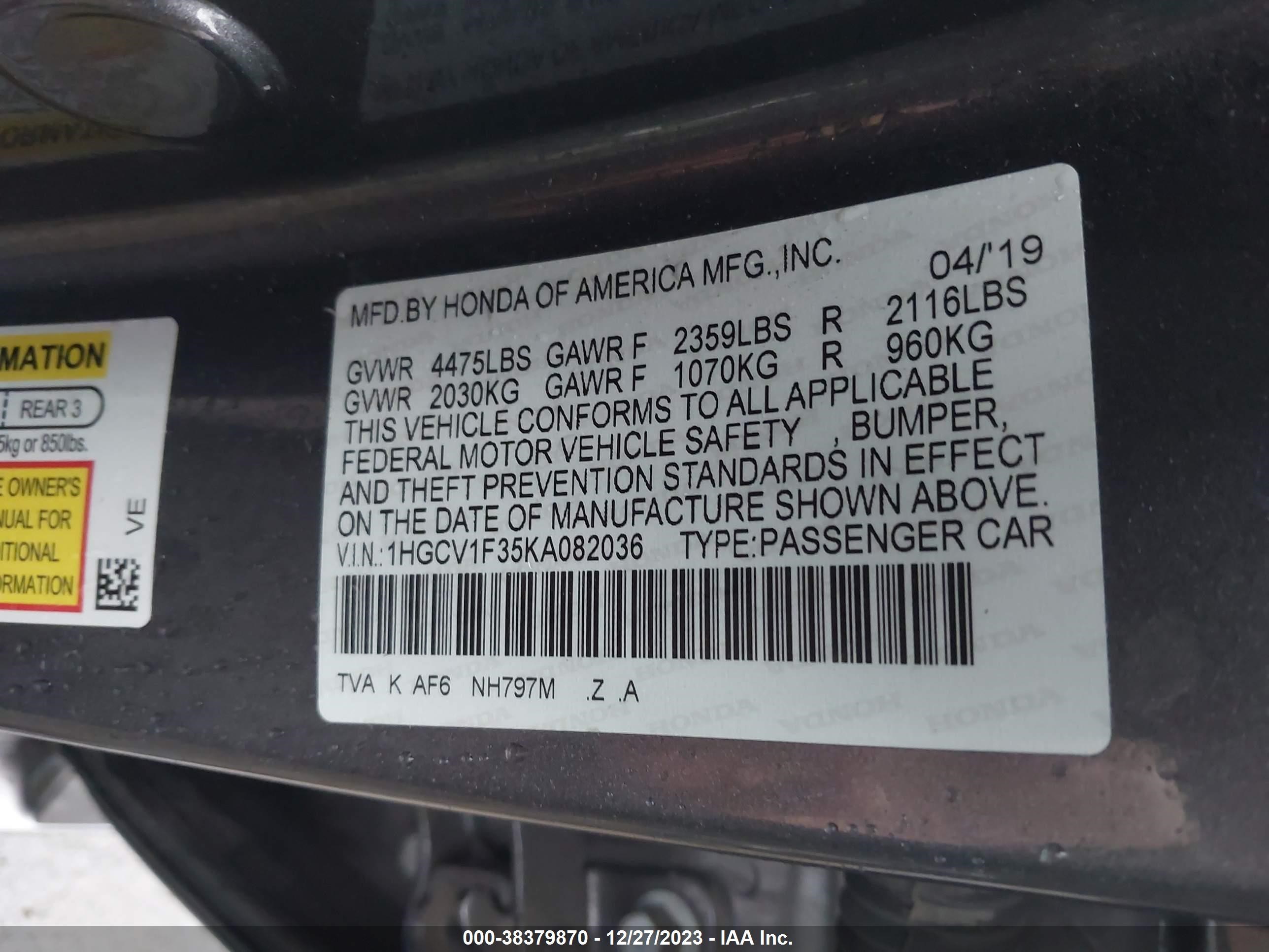 Photo 8 VIN: 1HGCV1F35KA082036 - HONDA ACCORD 