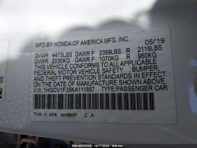 Photo 8 VIN: 1HGCV1F35KA111857 - HONDA ACCORD 