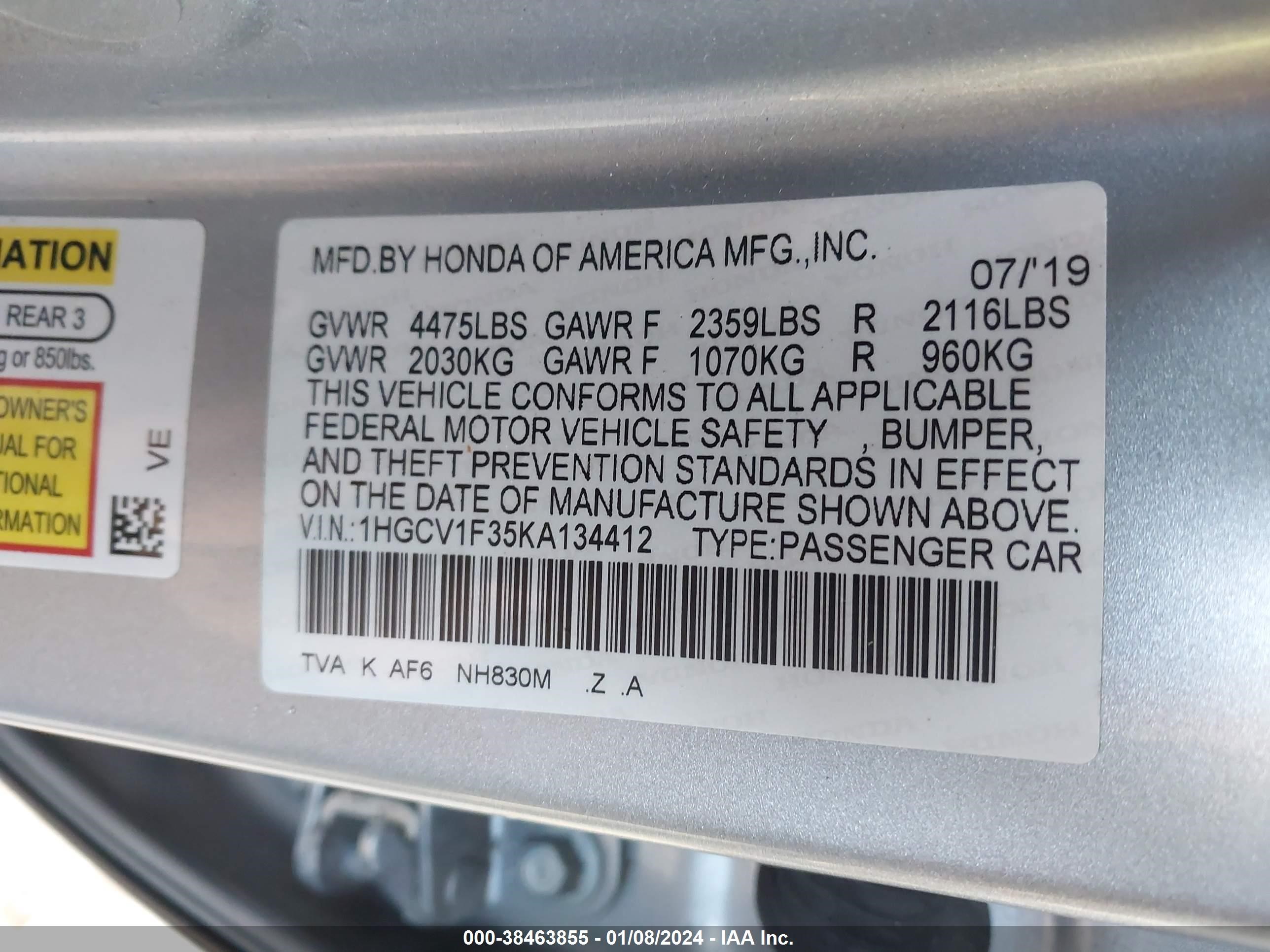 Photo 8 VIN: 1HGCV1F35KA134412 - HONDA ACCORD 