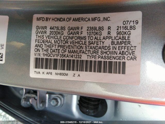 Photo 8 VIN: 1HGCV1F35KA141232 - HONDA ACCORD SEDAN 