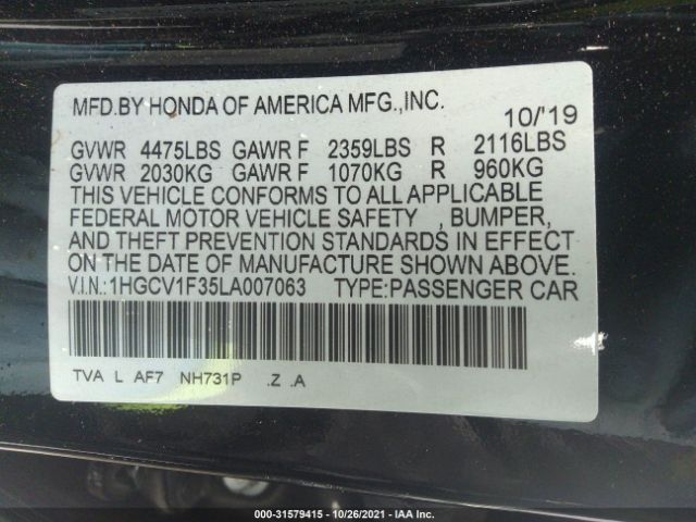 Photo 8 VIN: 1HGCV1F35LA007063 - HONDA ACCORD SEDAN 