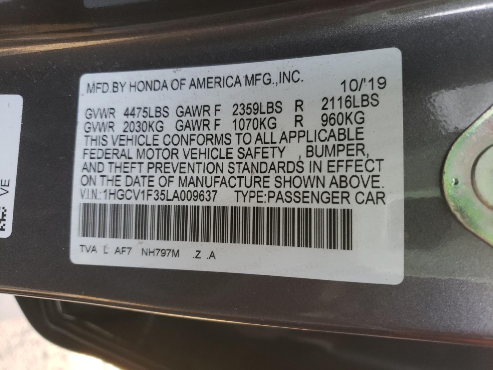 Photo 9 VIN: 1HGCV1F35LA009637 - HONDA ACCORD SPO 