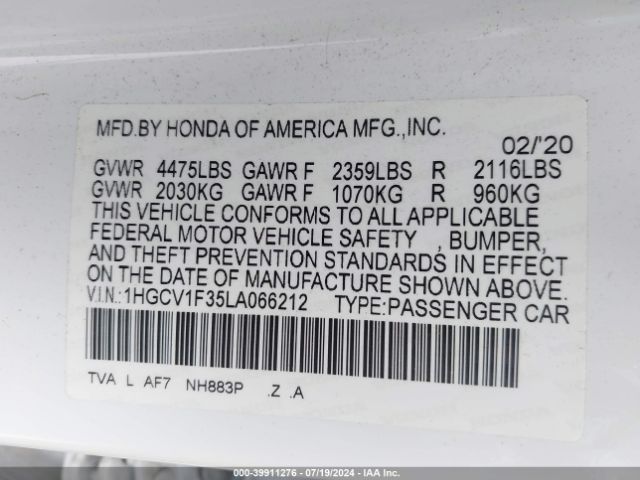 Photo 8 VIN: 1HGCV1F35LA066212 - HONDA ACCORD 