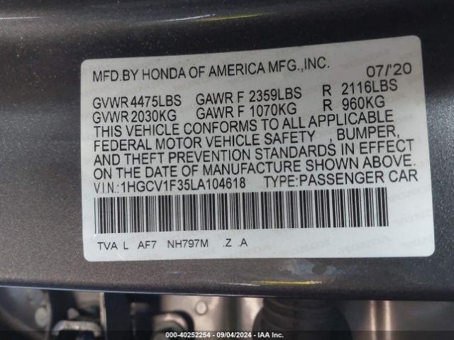 Photo 8 VIN: 1HGCV1F35LA104618 - HONDA ACCORD 