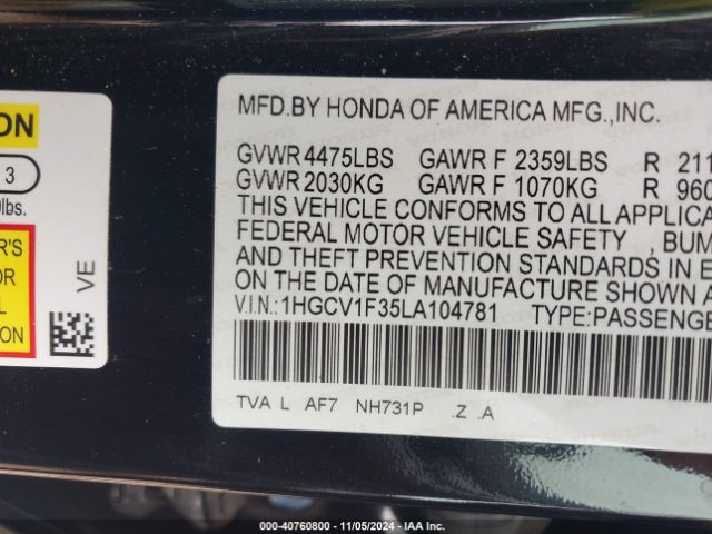 Photo 8 VIN: 1HGCV1F35LA104781 - HONDA ACCORD 