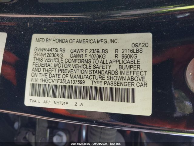 Photo 8 VIN: 1HGCV1F35LA137599 - HONDA ACCORD 