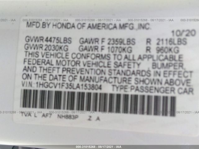 Photo 8 VIN: 1HGCV1F35LA153804 - HONDA ACCORD SEDAN 