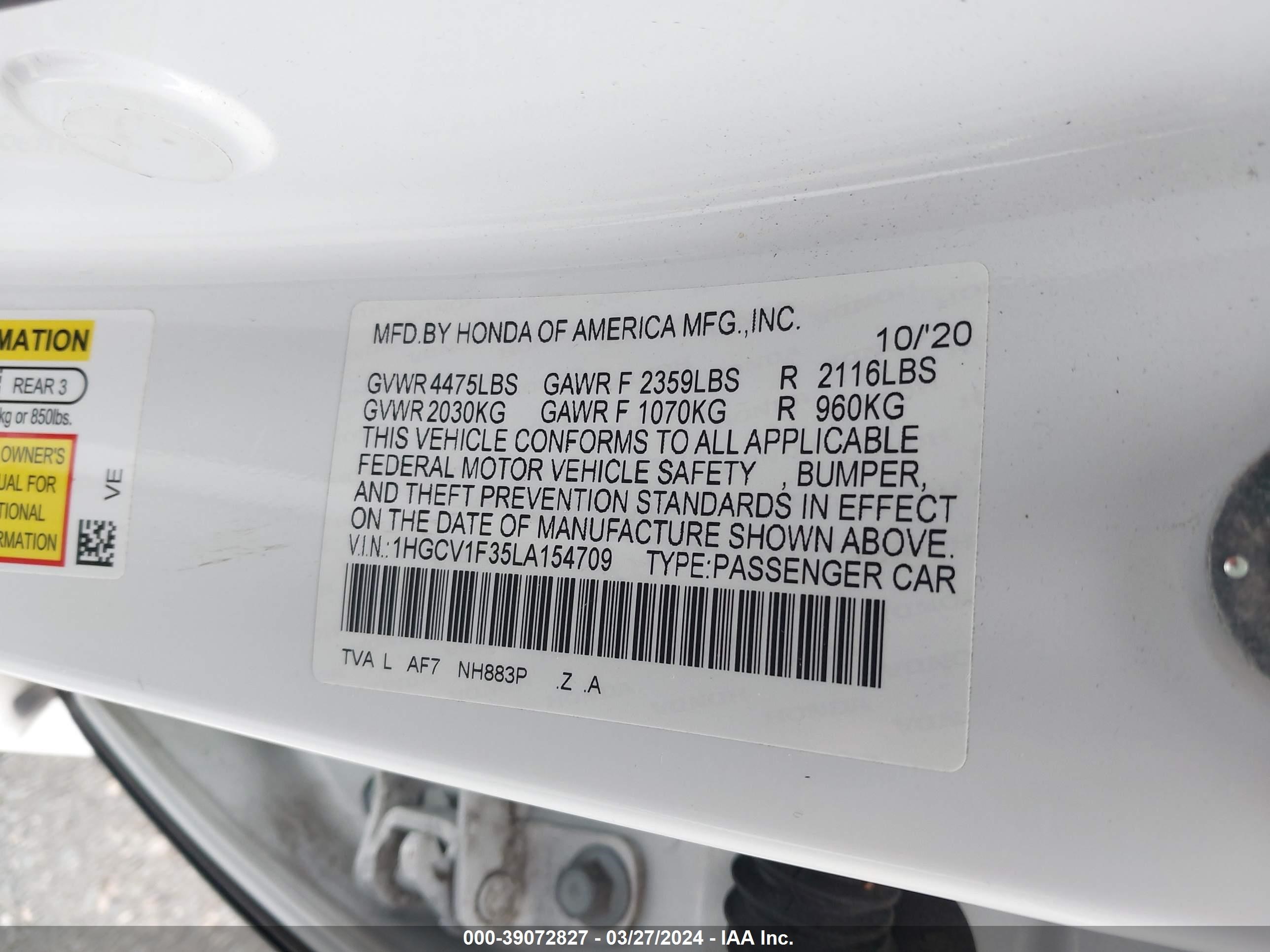 Photo 8 VIN: 1HGCV1F35LA154709 - HONDA ACCORD 