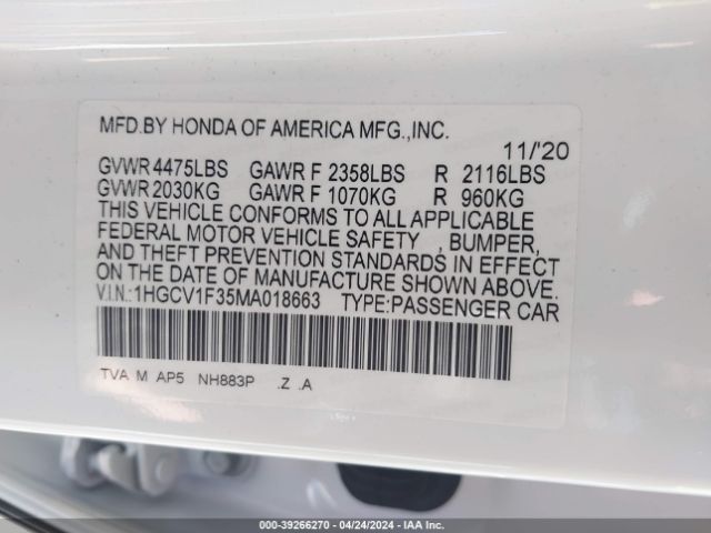 Photo 8 VIN: 1HGCV1F35MA018663 - HONDA ACCORD 