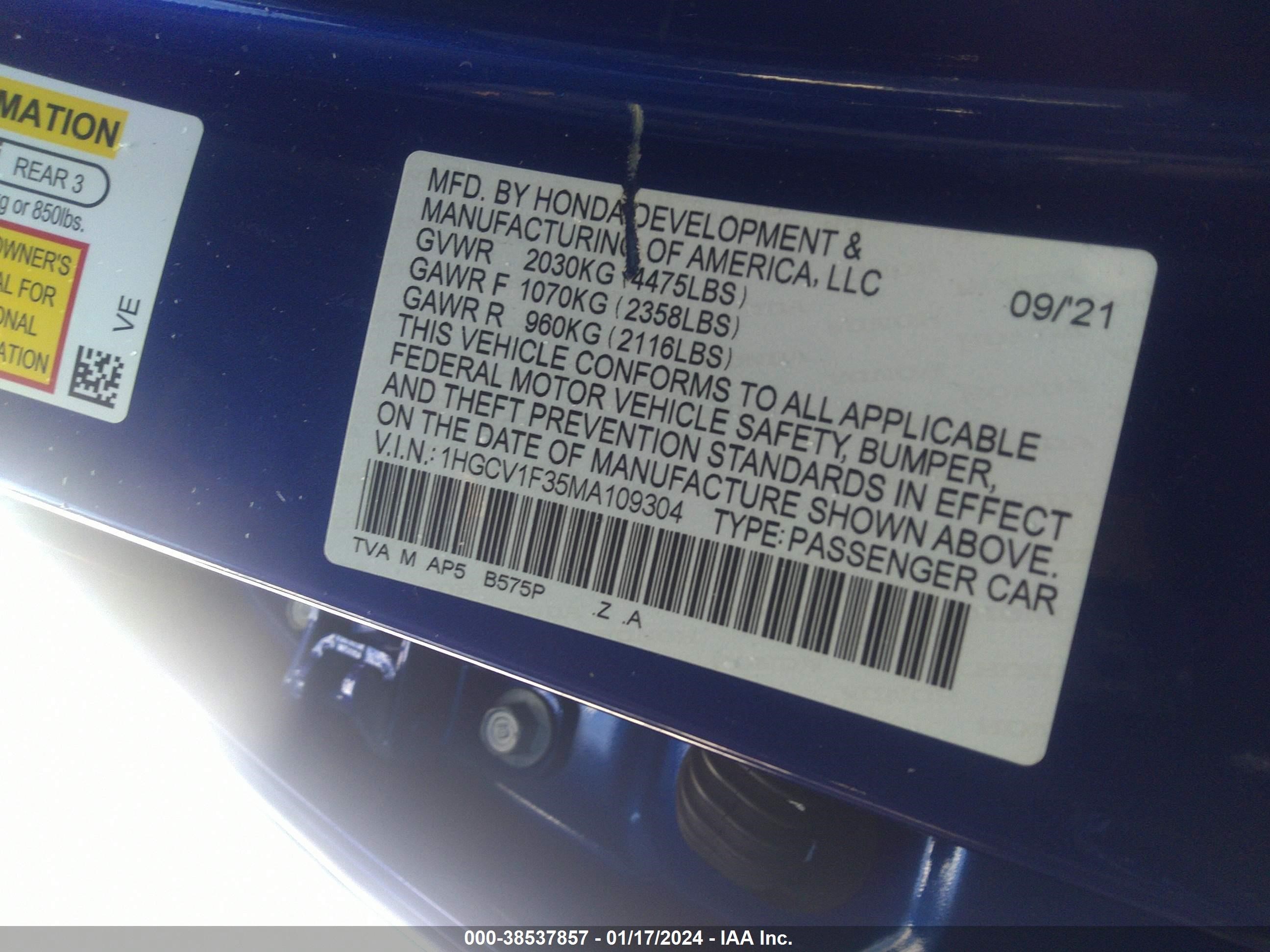 Photo 8 VIN: 1HGCV1F35MA109304 - HONDA ACCORD 