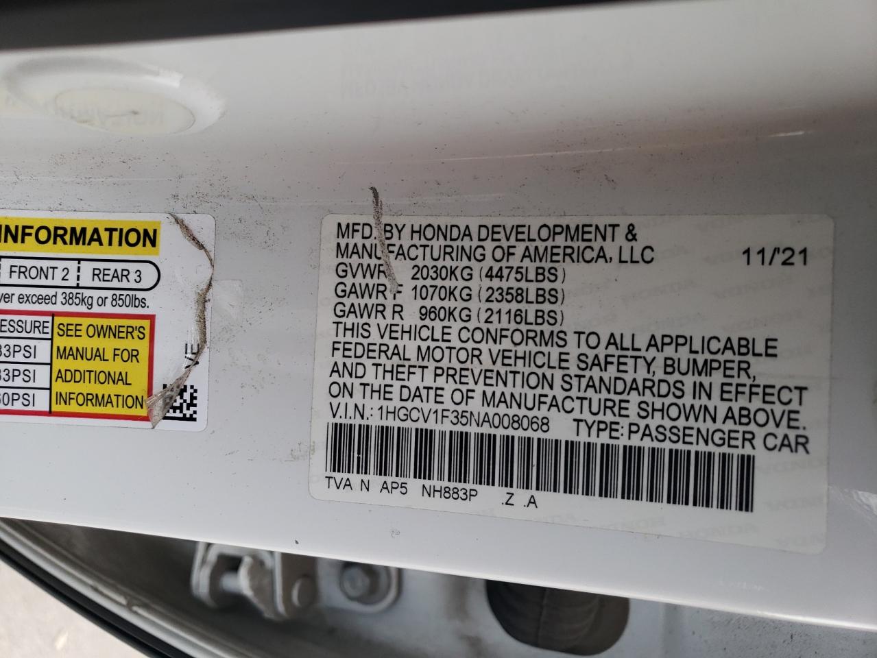 Photo 11 VIN: 1HGCV1F35NA008068 - HONDA ACCORD 