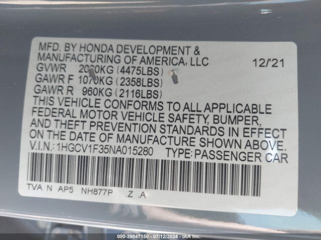 Photo 8 VIN: 1HGCV1F35NA015280 - HONDA ACCORD 