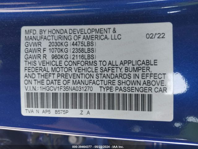 Photo 8 VIN: 1HGCV1F35NA031270 - HONDA ACCORD 