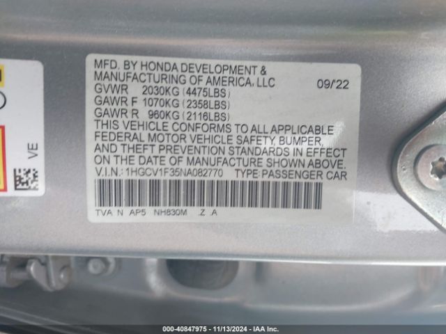 Photo 8 VIN: 1HGCV1F35NA082770 - HONDA ACCORD 