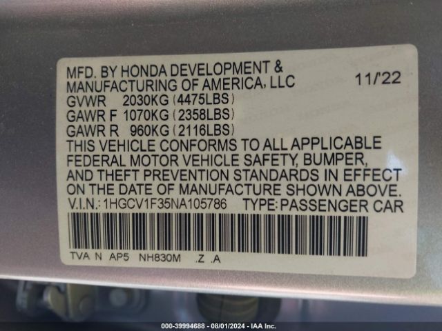 Photo 8 VIN: 1HGCV1F35NA105786 - HONDA ACCORD 