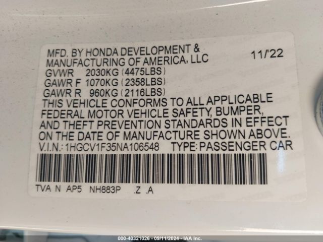 Photo 8 VIN: 1HGCV1F35NA106548 - HONDA ACCORD 