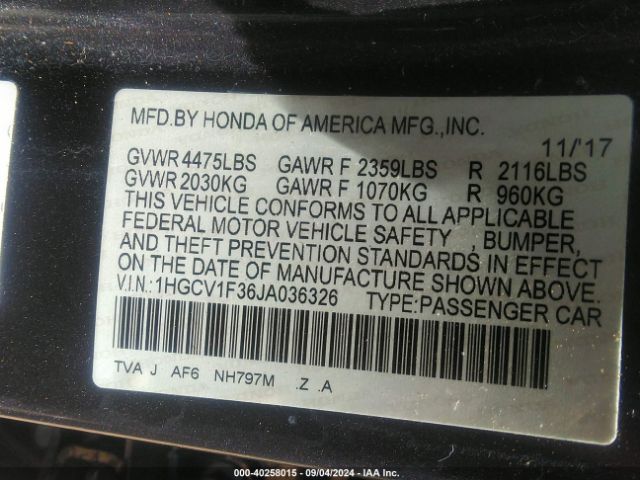 Photo 8 VIN: 1HGCV1F36JA036326 - HONDA ACCORD 