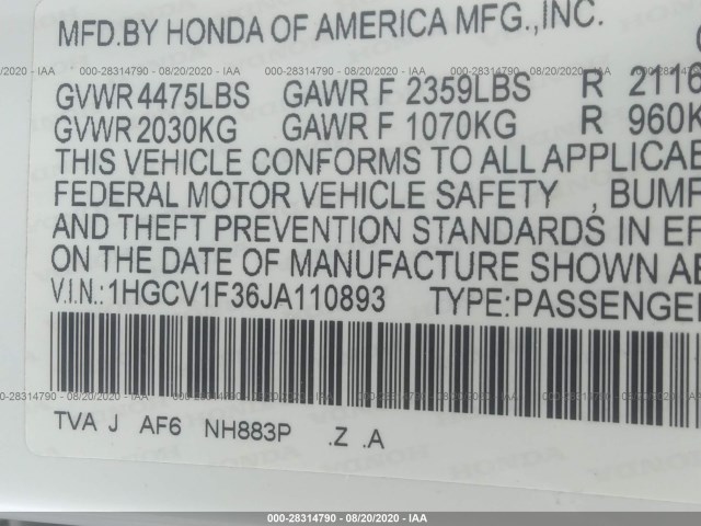 Photo 8 VIN: 1HGCV1F36JA110893 - HONDA ACCORD SEDAN 