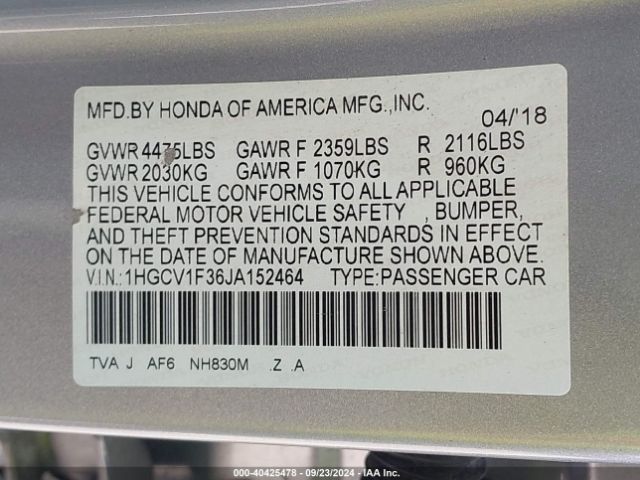 Photo 8 VIN: 1HGCV1F36JA152464 - HONDA ACCORD 