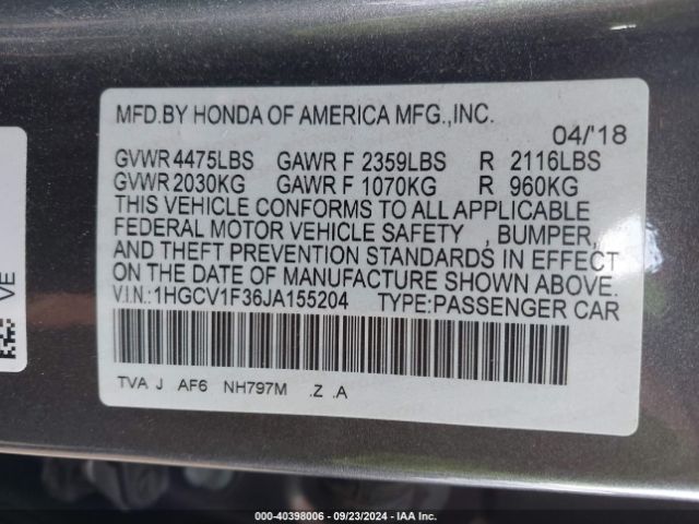 Photo 8 VIN: 1HGCV1F36JA155204 - HONDA ACCORD 