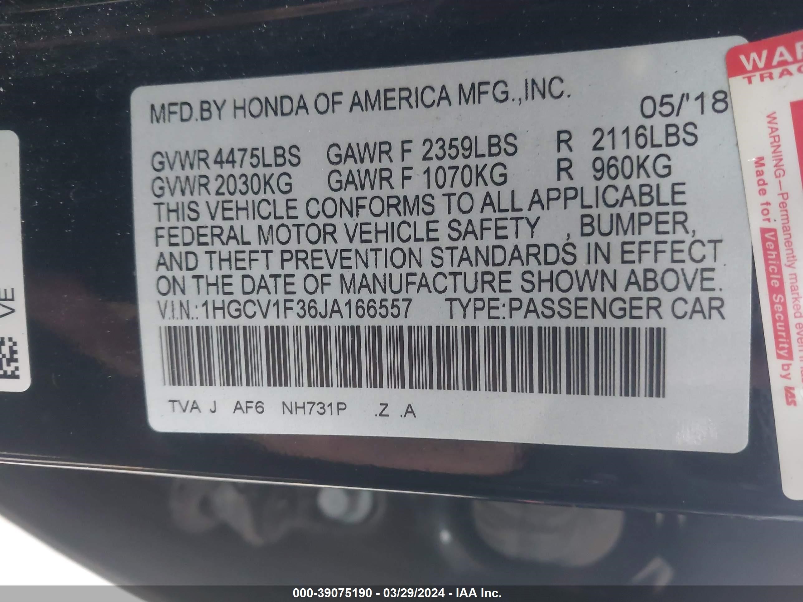 Photo 8 VIN: 1HGCV1F36JA166557 - HONDA ACCORD 