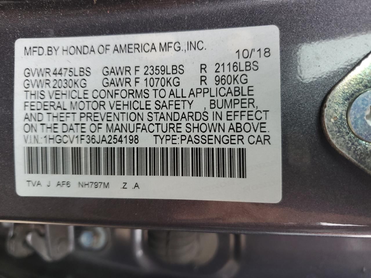 Photo 11 VIN: 1HGCV1F36JA254198 - HONDA ACCORD 