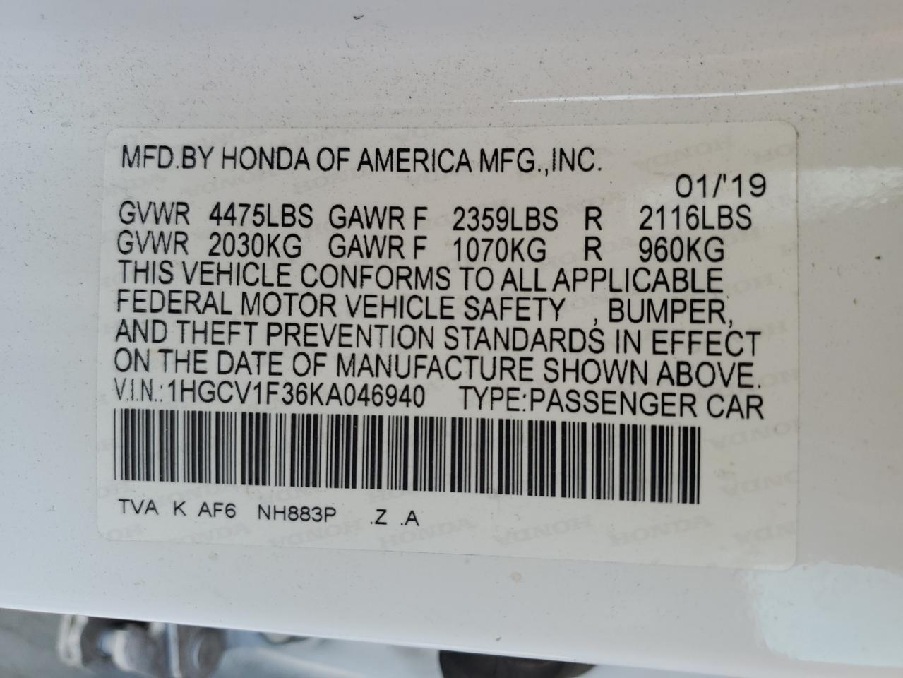 Photo 11 VIN: 1HGCV1F36KA046940 - HONDA ACCORD 