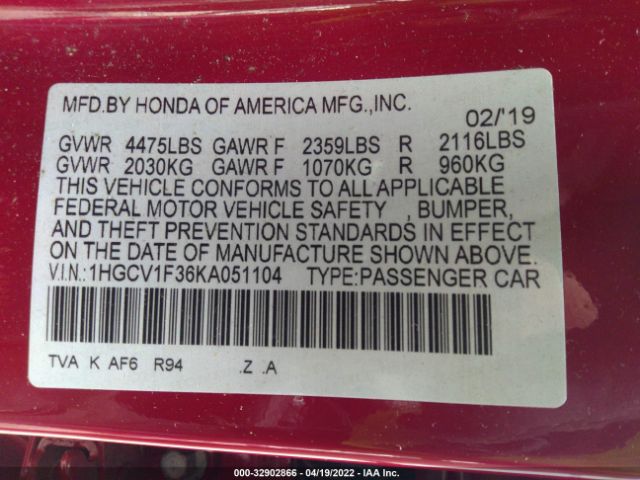 Photo 8 VIN: 1HGCV1F36KA051104 - HONDA ACCORD SEDAN 