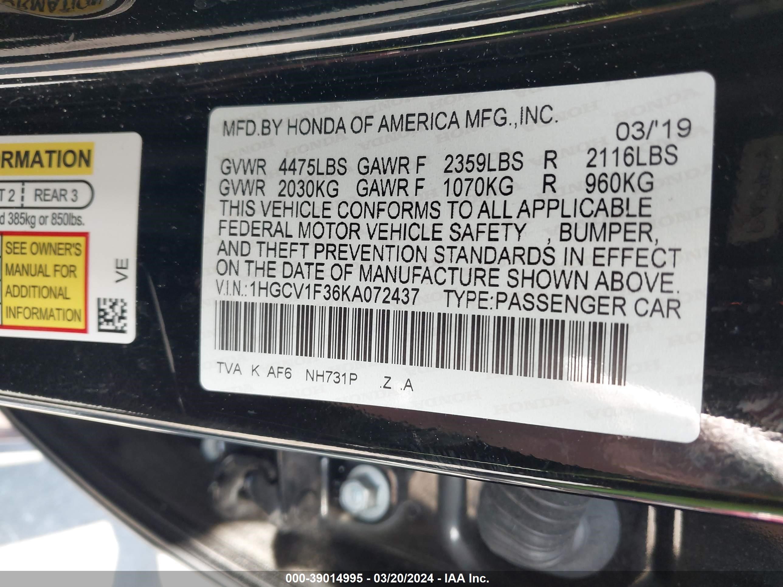 Photo 8 VIN: 1HGCV1F36KA072437 - HONDA ACCORD 