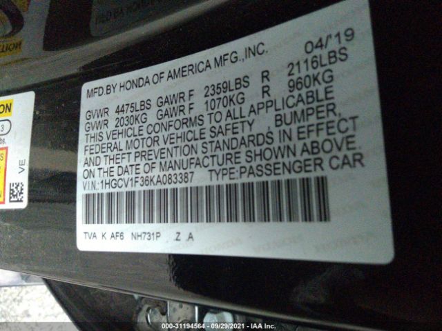 Photo 8 VIN: 1HGCV1F36KA083387 - HONDA ACCORD SEDAN 