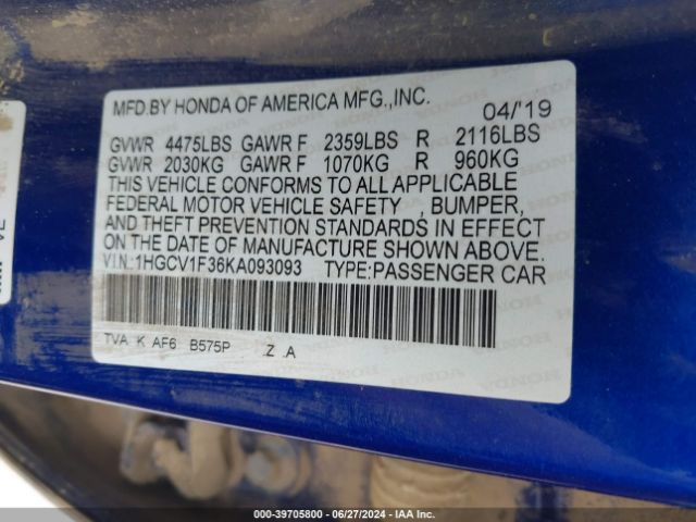 Photo 8 VIN: 1HGCV1F36KA093093 - HONDA ACCORD 