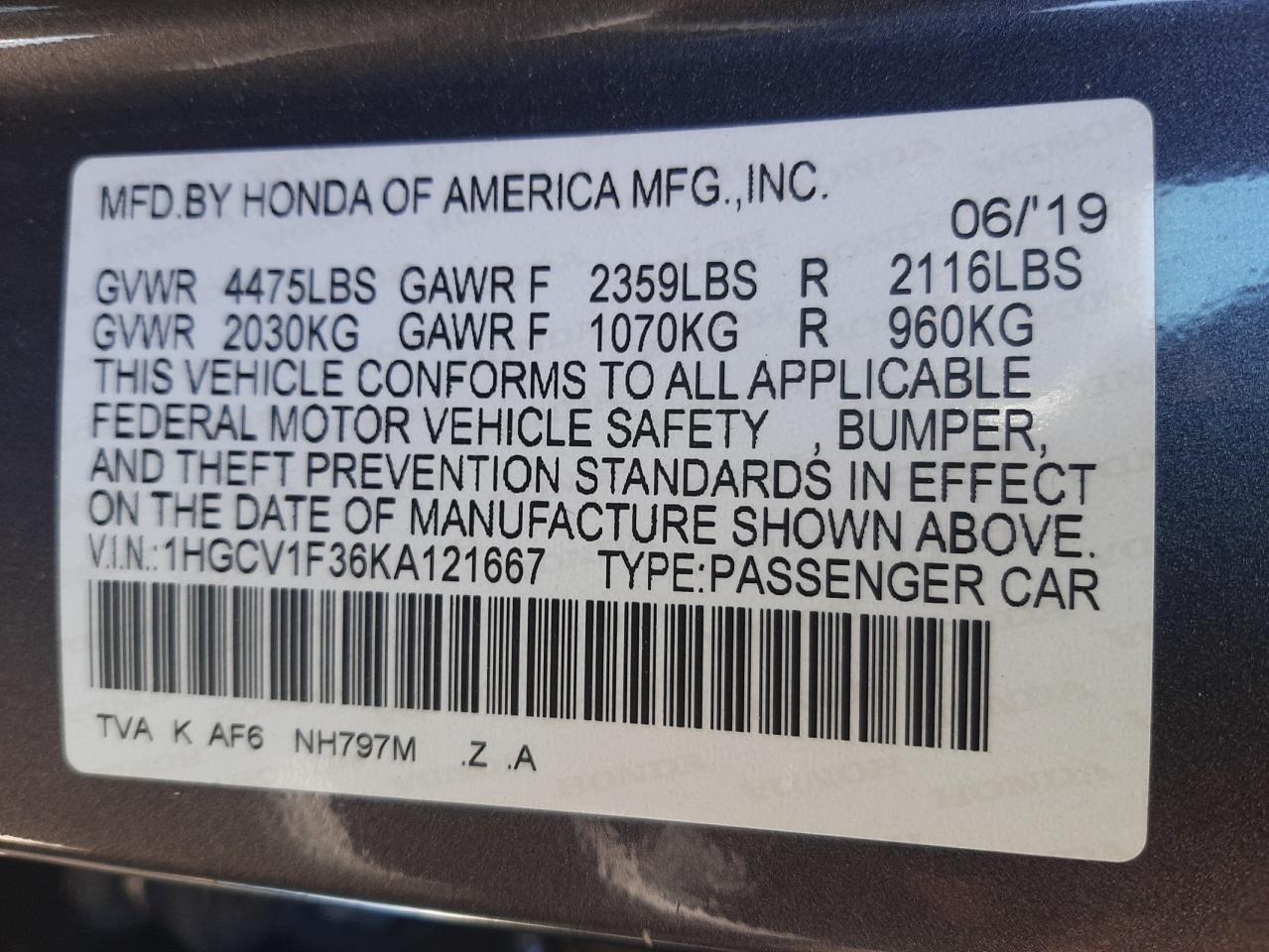 Photo 11 VIN: 1HGCV1F36KA121667 - HONDA ACCORD 