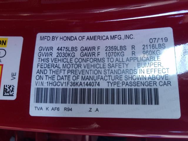 Photo 9 VIN: 1HGCV1F36KA144074 - HONDA ACCORD SPO 