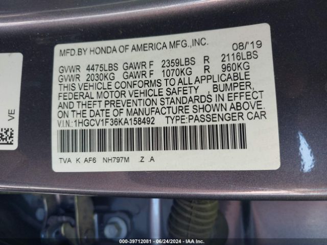 Photo 8 VIN: 1HGCV1F36KA158492 - HONDA ACCORD 