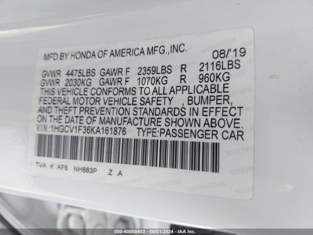 Photo 8 VIN: 1HGCV1F36KA161876 - HONDA ACCORD 