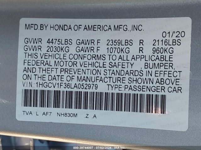 Photo 8 VIN: 1HGCV1F36LA052979 - HONDA ACCORD 