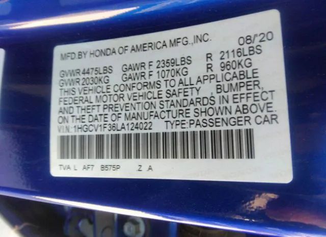 Photo 8 VIN: 1HGCV1F36LA124022 - HONDA ACCORD 