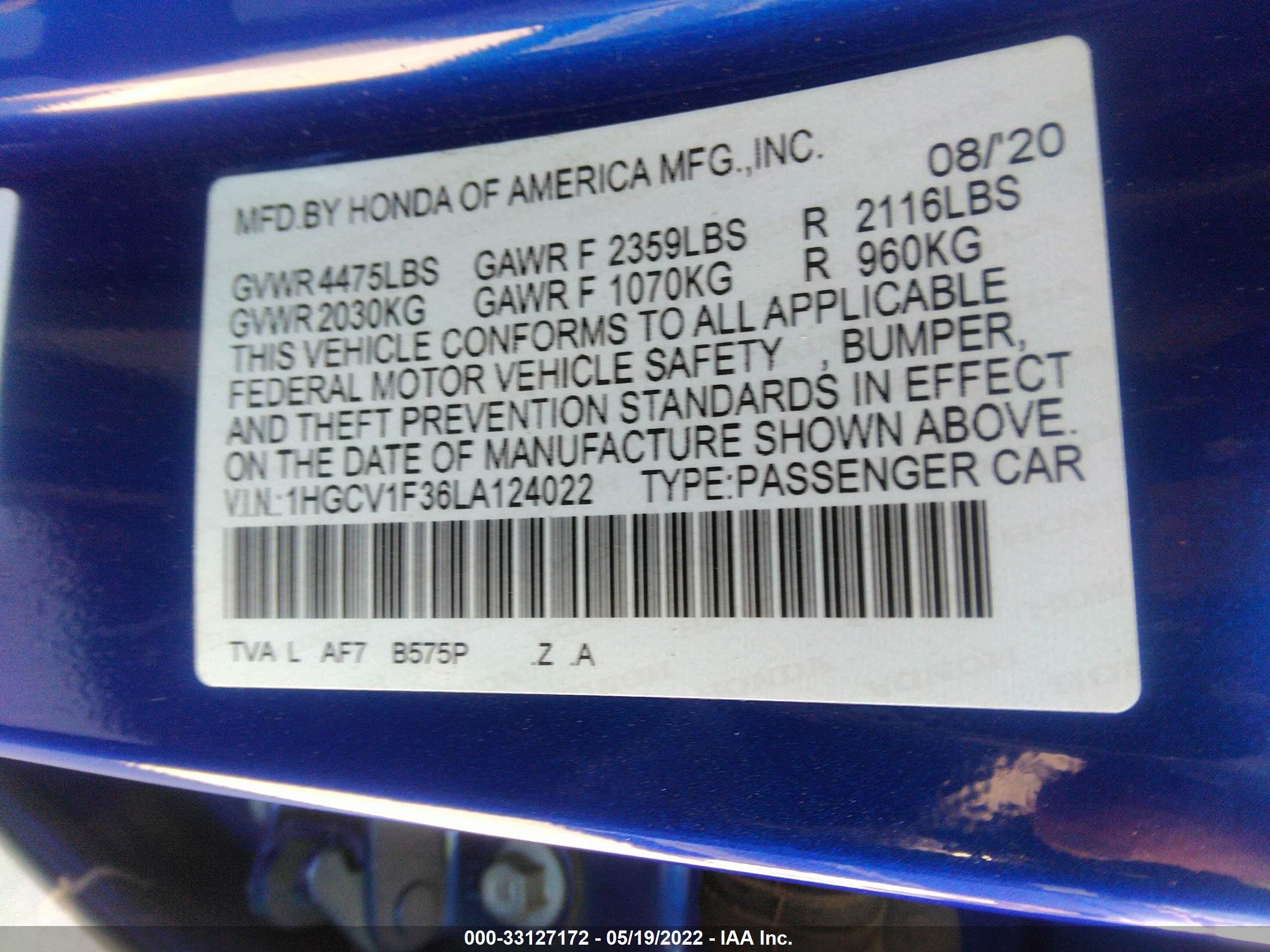 Photo 8 VIN: 1HGCV1F36LA124022 - HONDA ACCORD 