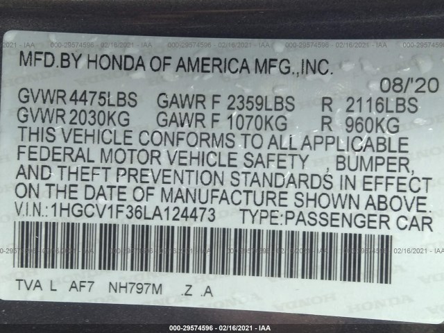 Photo 8 VIN: 1HGCV1F36LA124473 - HONDA ACCORD SEDAN 