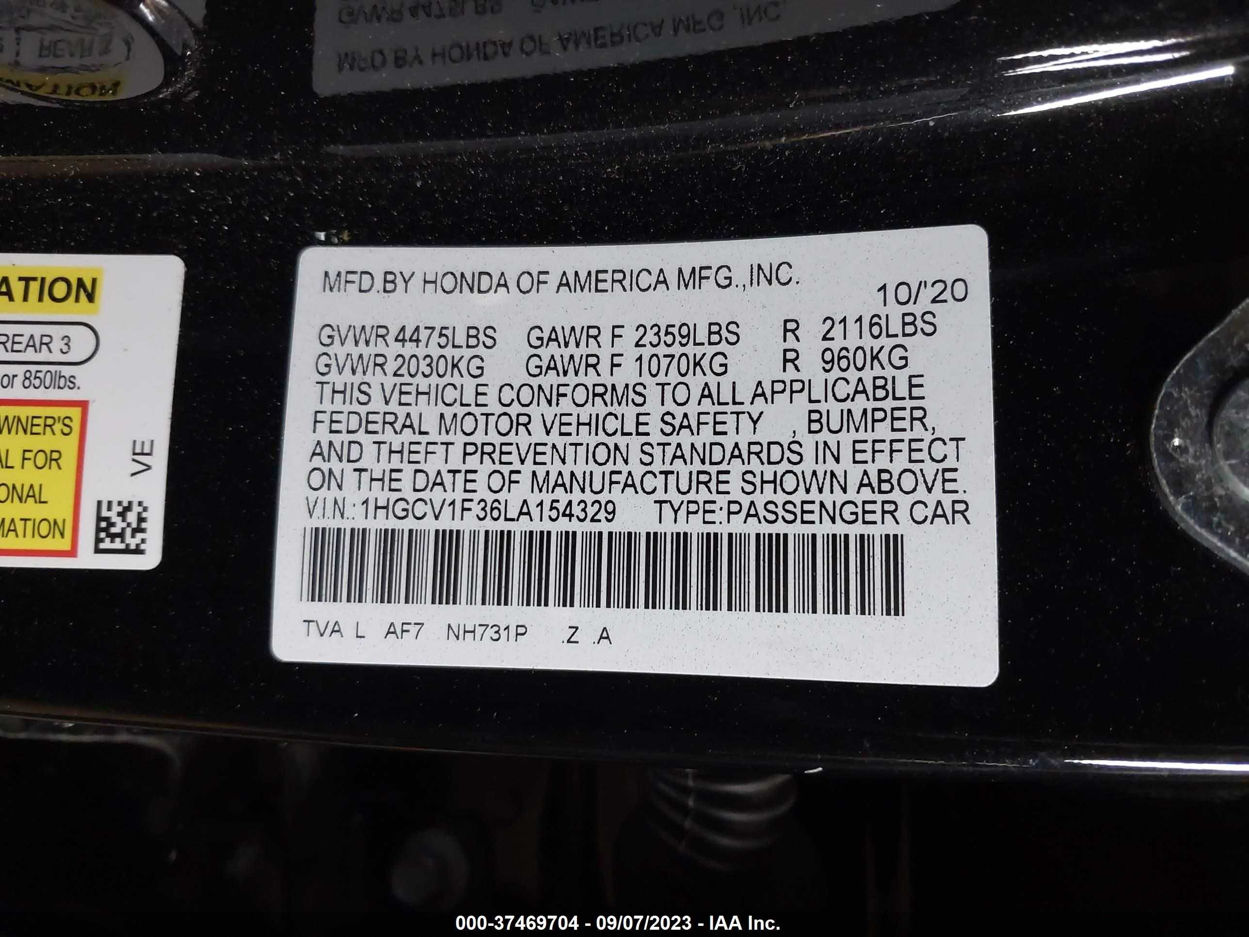 Photo 8 VIN: 1HGCV1F36LA154329 - HONDA ACCORD 