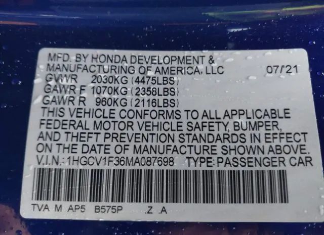 Photo 8 VIN: 1HGCV1F36MA087698 - HONDA ACCORD 