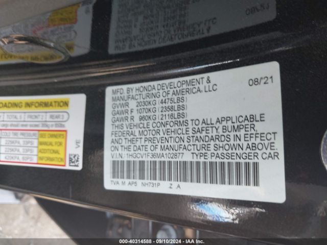 Photo 8 VIN: 1HGCV1F36MA102877 - HONDA ACCORD 