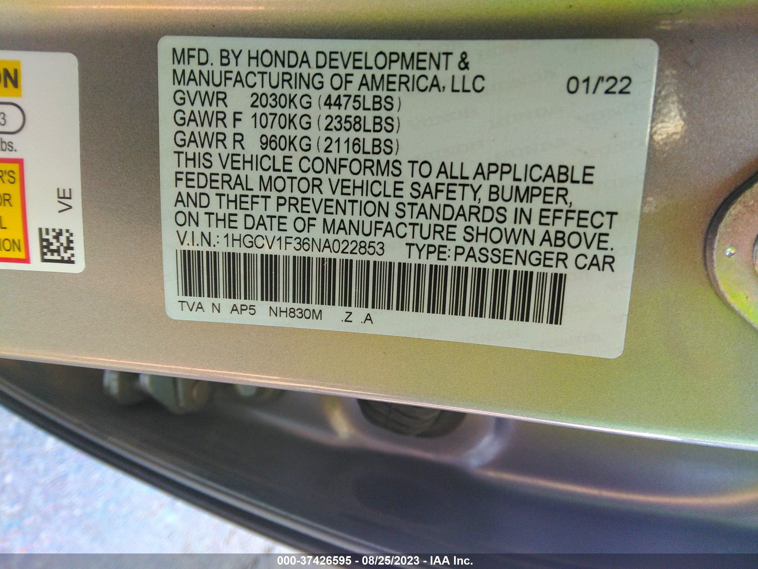 Photo 8 VIN: 1HGCV1F36NA022853 - HONDA ACCORD 